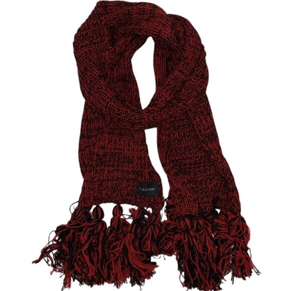 Calvin Klein Knit Fringe Scarf Red and Black - Picture 1 of 7